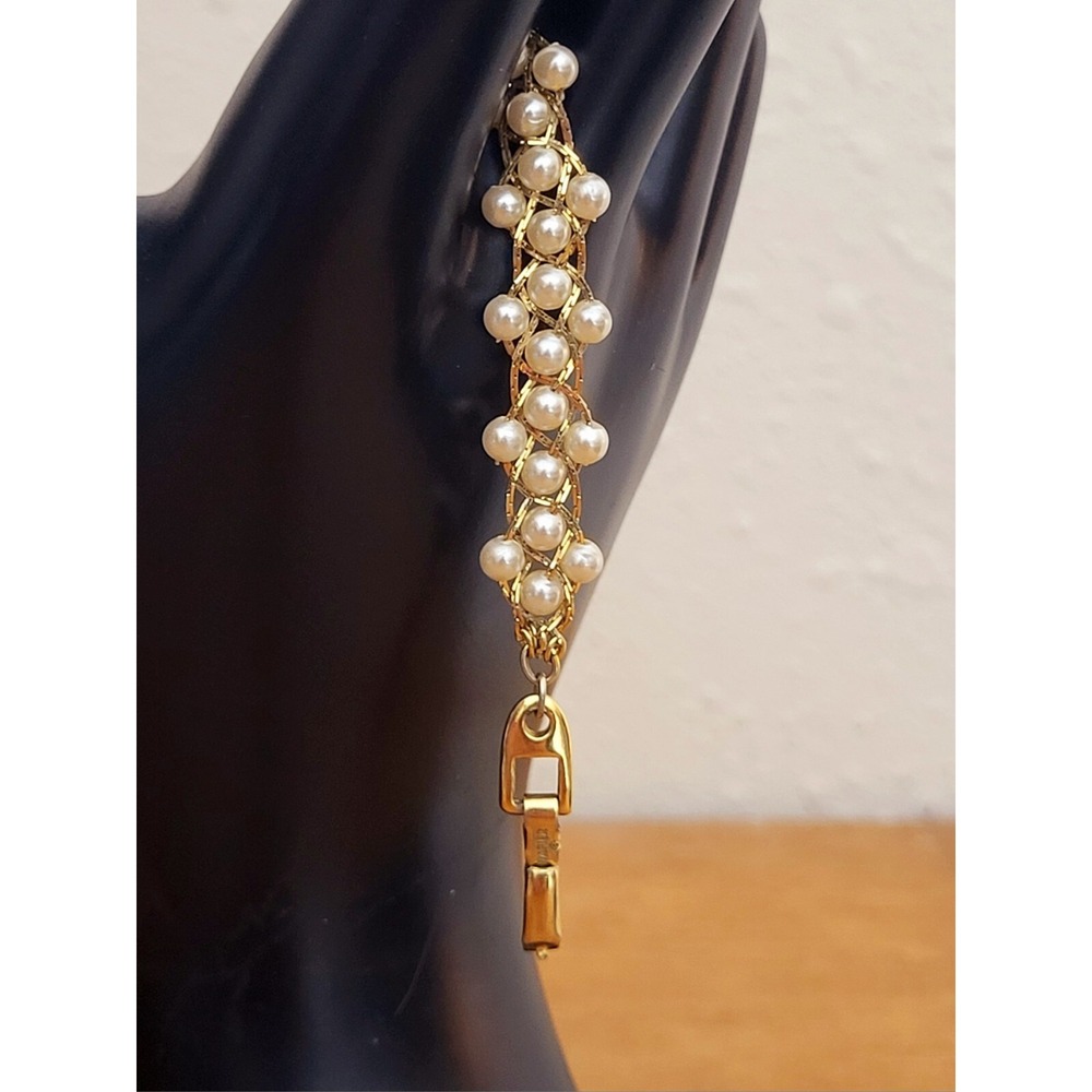 Vintage Napier Braided Gold Tone Chain w/ Faux Pearls 8" Bracelet Signed EUC